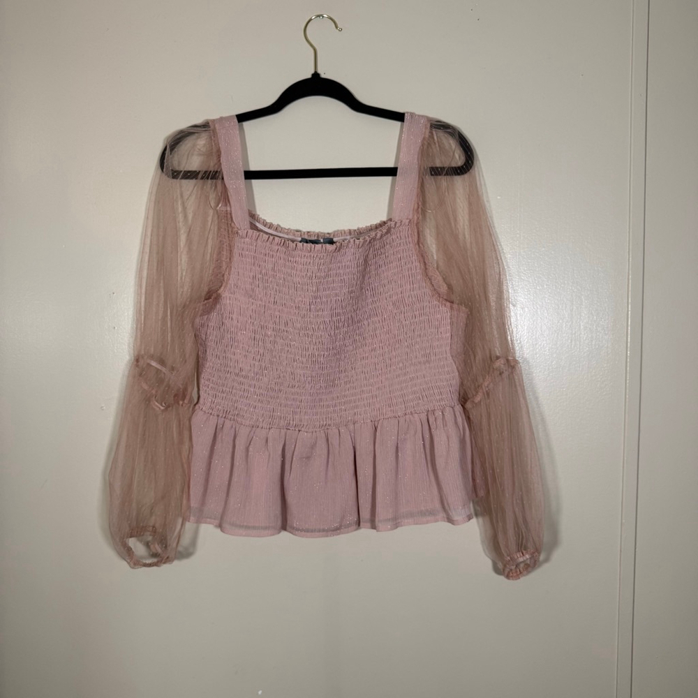Arula Rose Pink Smocked Peasant Milkmaid Blouse with Sheer Sleeves 1X